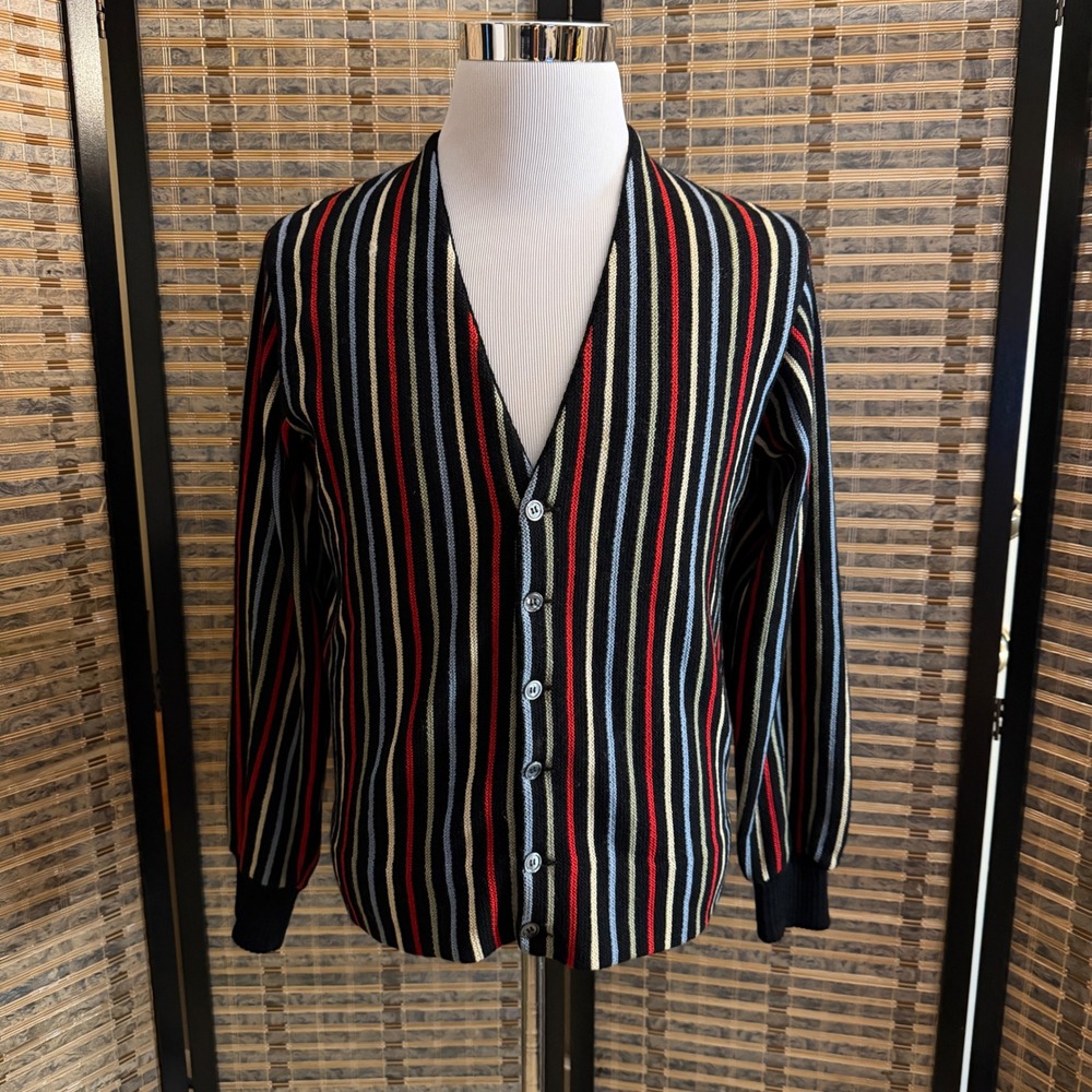 Klopfenstein Vintage Cardigan Mens M Black Striped 100% Virgin Wool MCM Retro